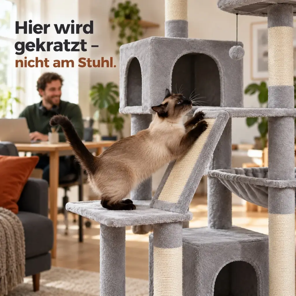 Siamkatze kratzt auf der Rampe des Kratzbaums