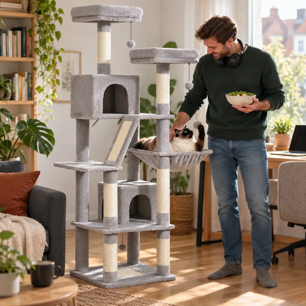 Siamkatze in der Hängematte, ihr Besitzer spielt mit einem Ball am Kratzbaum
