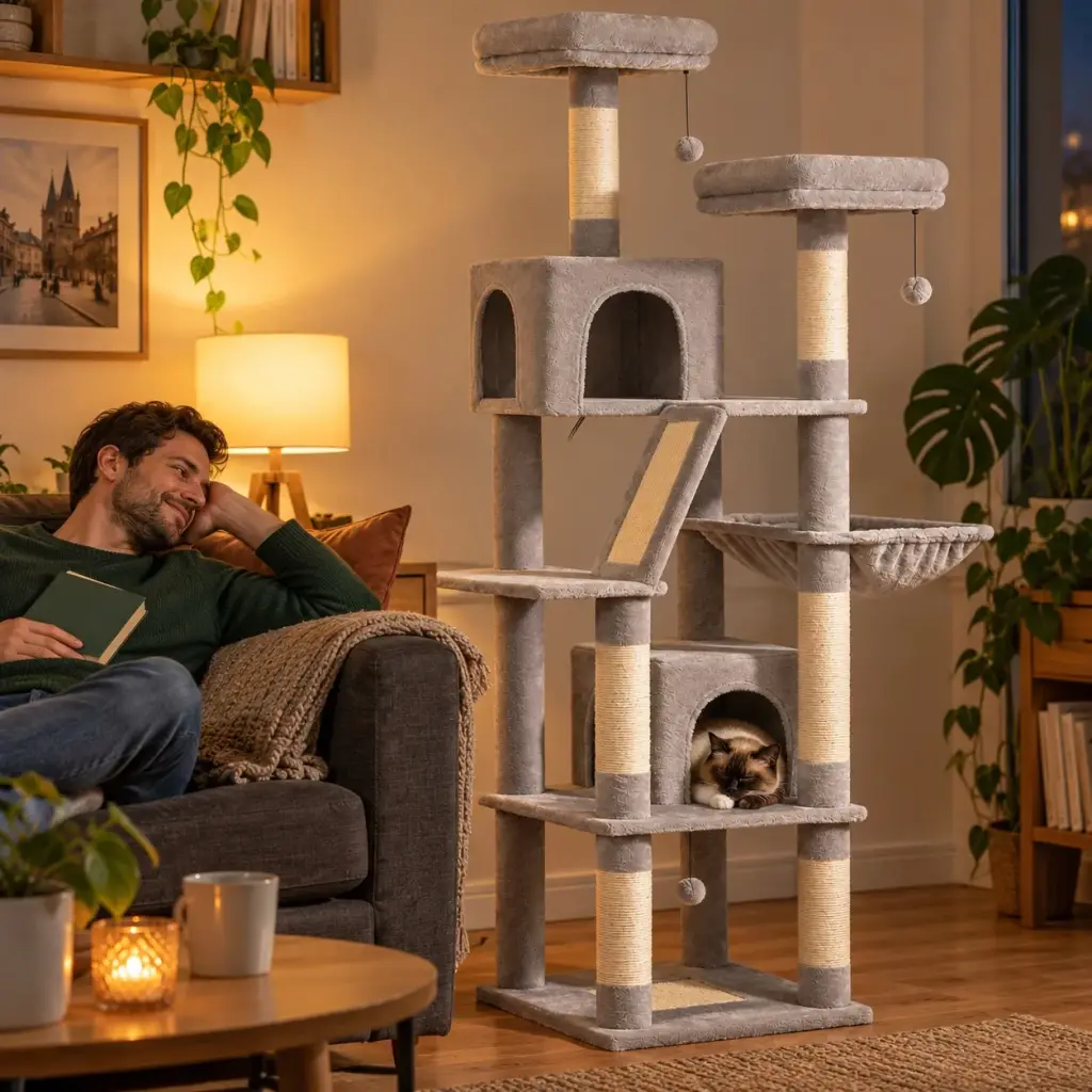 Siamkatze schläft abends in der Höhle des Kratzbaums, ihr Besitzer auf dem Sofa