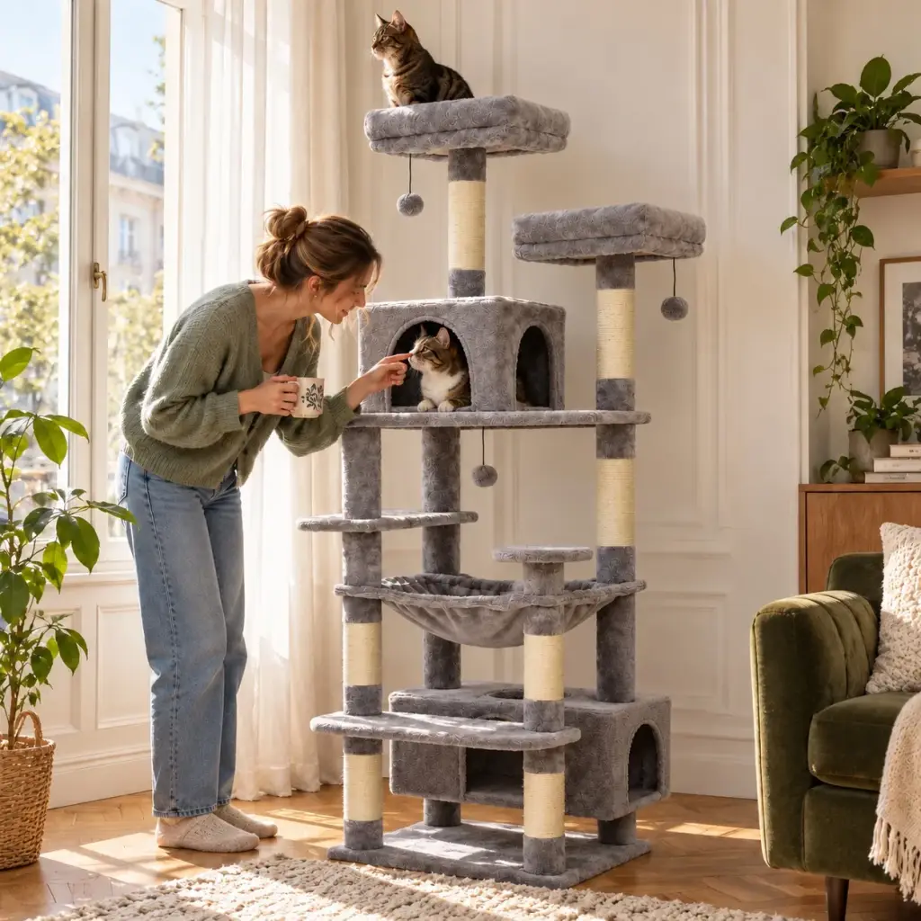 Wohnzimmer mit Kratzbaum, Hundesofa und Hundetreppe