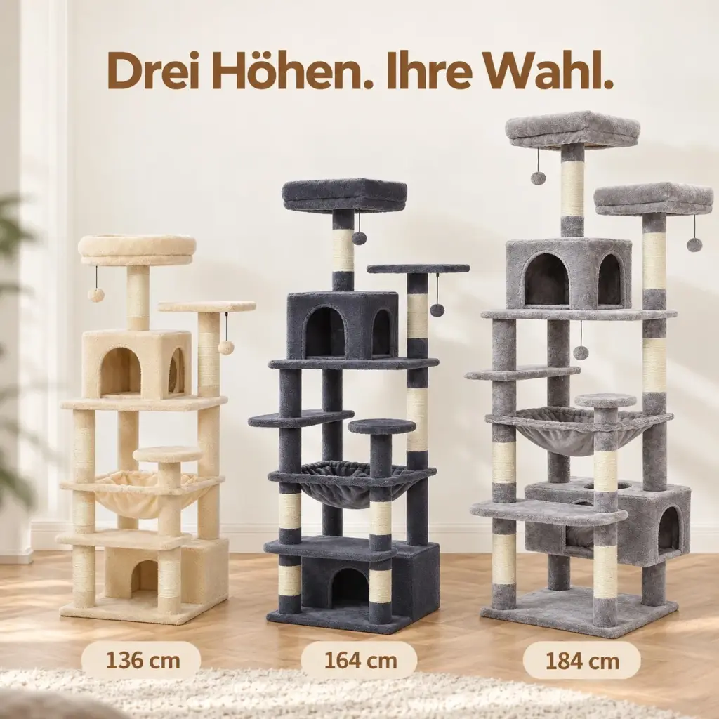 Drei Höhen des Kratzbaums im Vergleich: 136, 164 und 184 cm