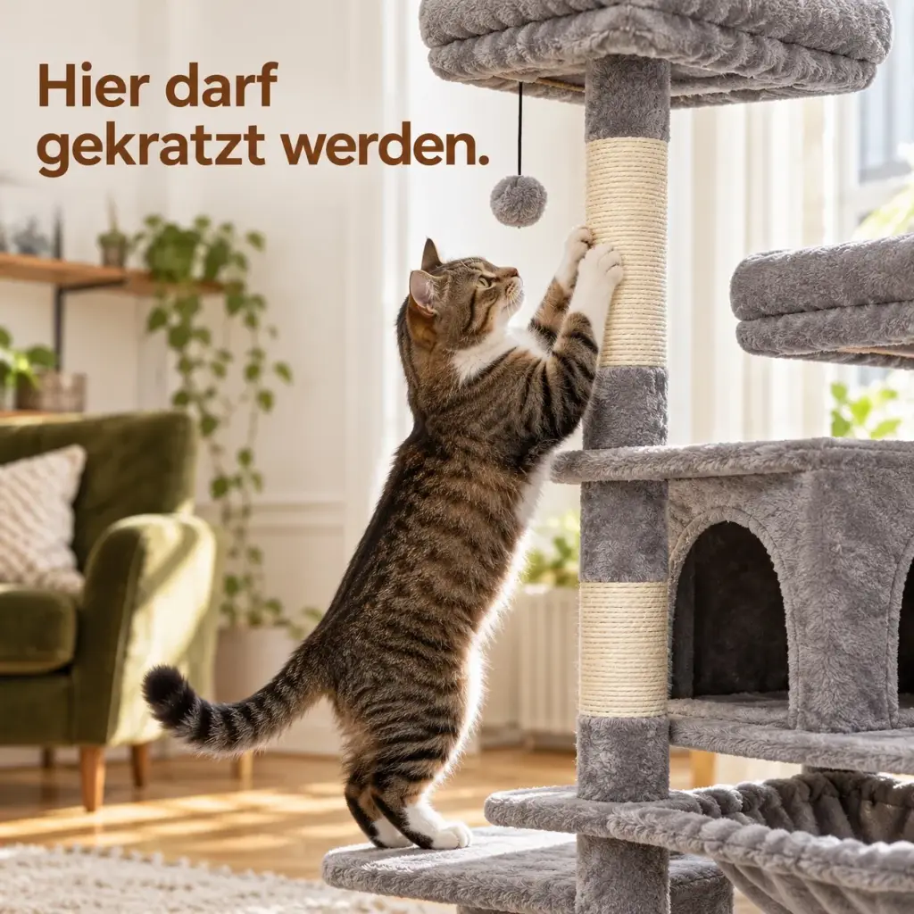 Getigerter Kater kratzt am Sisalstamm des Kratzbaums