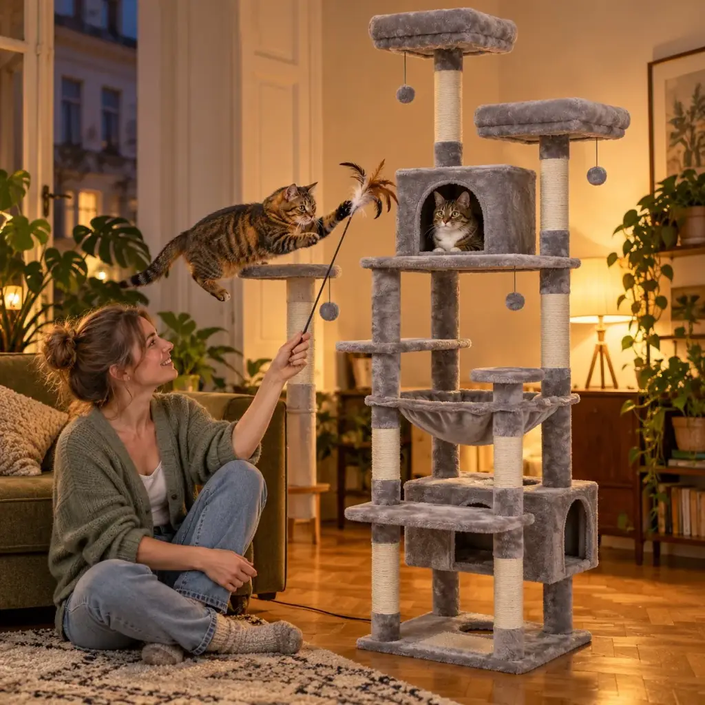 Frau spielt abends mit ihren Katzen am Kratzbaum