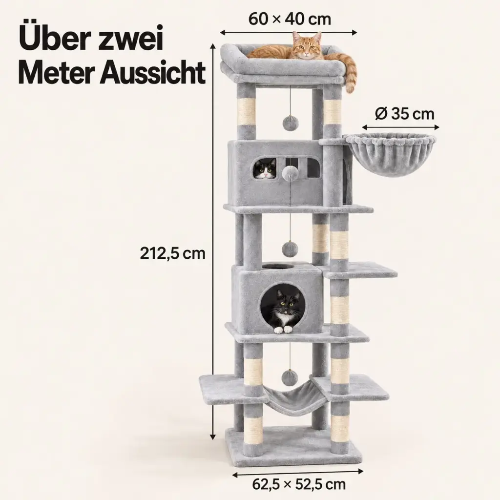 Maße des Kratzbaums XXL: 212,5 cm Höhe, Grundfläche 62,5 × 52,5 cm, Plattform 60 × 40 cm