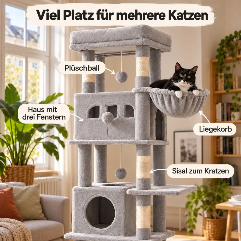 Details des Kratzbaums XXL: Katzenhaus mit drei Fenstern, Liegekorb, Sisalsäulen, Plüschbälle