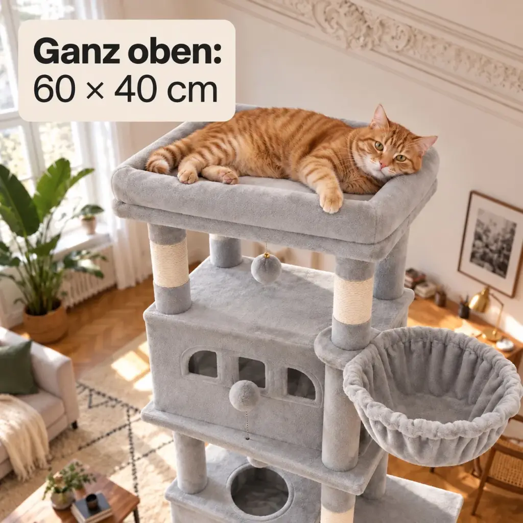 Katze streckt sich auf der großen Aussichtsplattform des Kratzbaums XXL aus