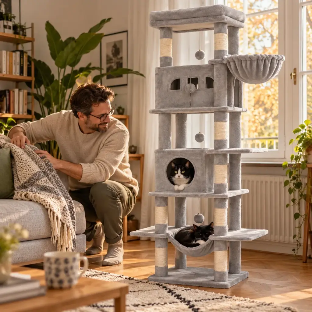Zwei Katzen schlafen im Katzenhaus und in der Hängematte des hohen Kratzbaums