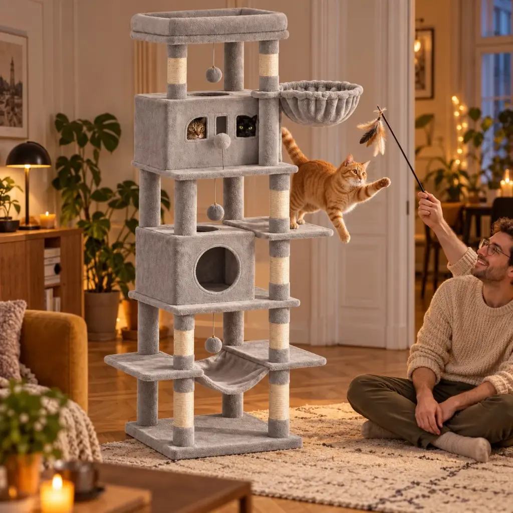 Mann spielt abends mit einer Federangel mit seinen Katzen am Kratzbaum XXL