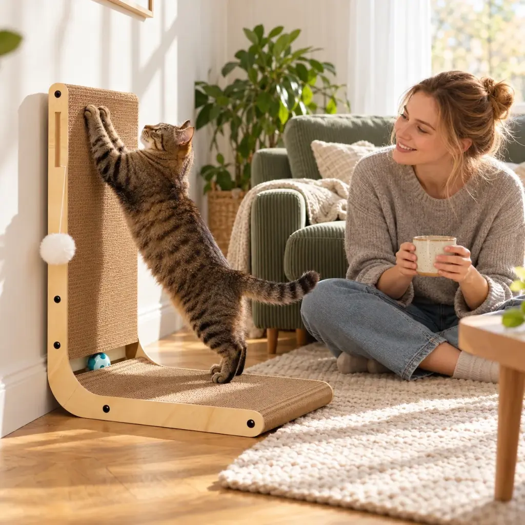Getigerte Katze streckt sich am L-förmigen Kratzbrett, ihre Besitzerin schaut lächelnd zu
