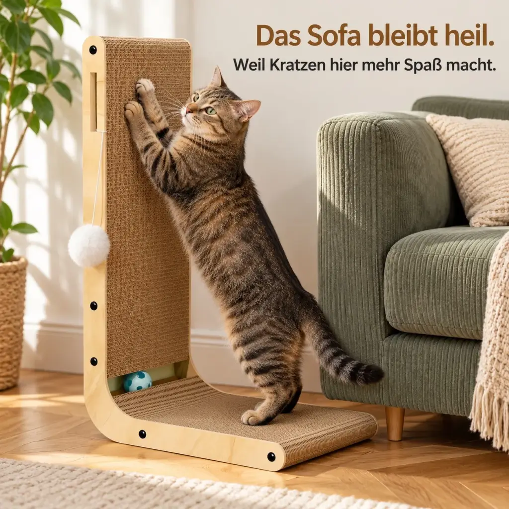 Kratzbrett steht neben dem Sofa, Katze kratzt daran statt an der Armlehne