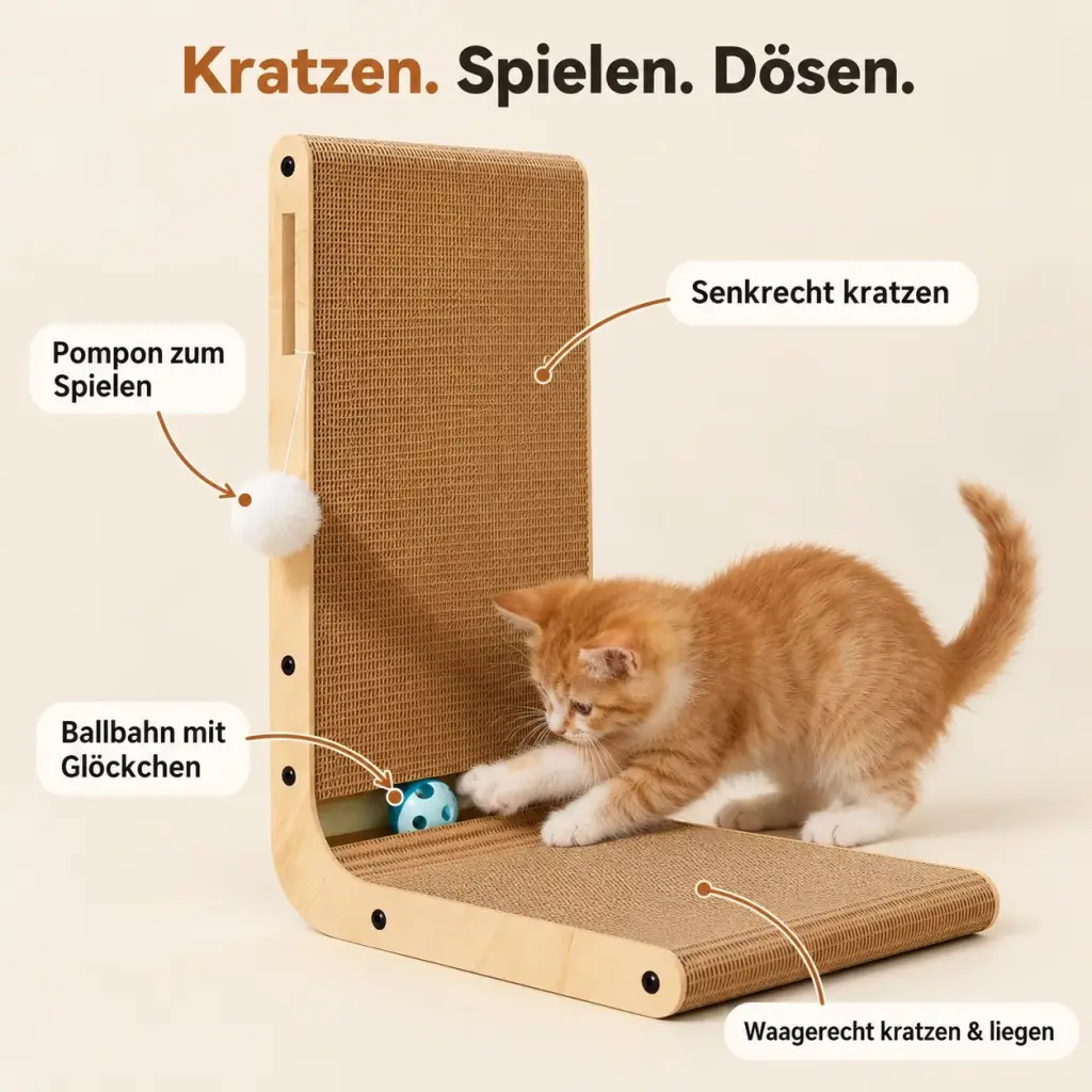 Details des Kratzbretts: senkrechte und waagerechte Wellpappe, Ballbahn mit Glöckchenbällen, Pompon