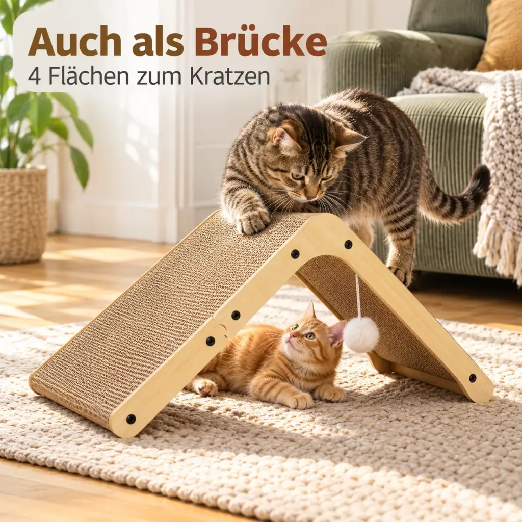 Kratzbrett als Brücke aufgestellt, eine Katze kratzt oben, eine liegt darunter