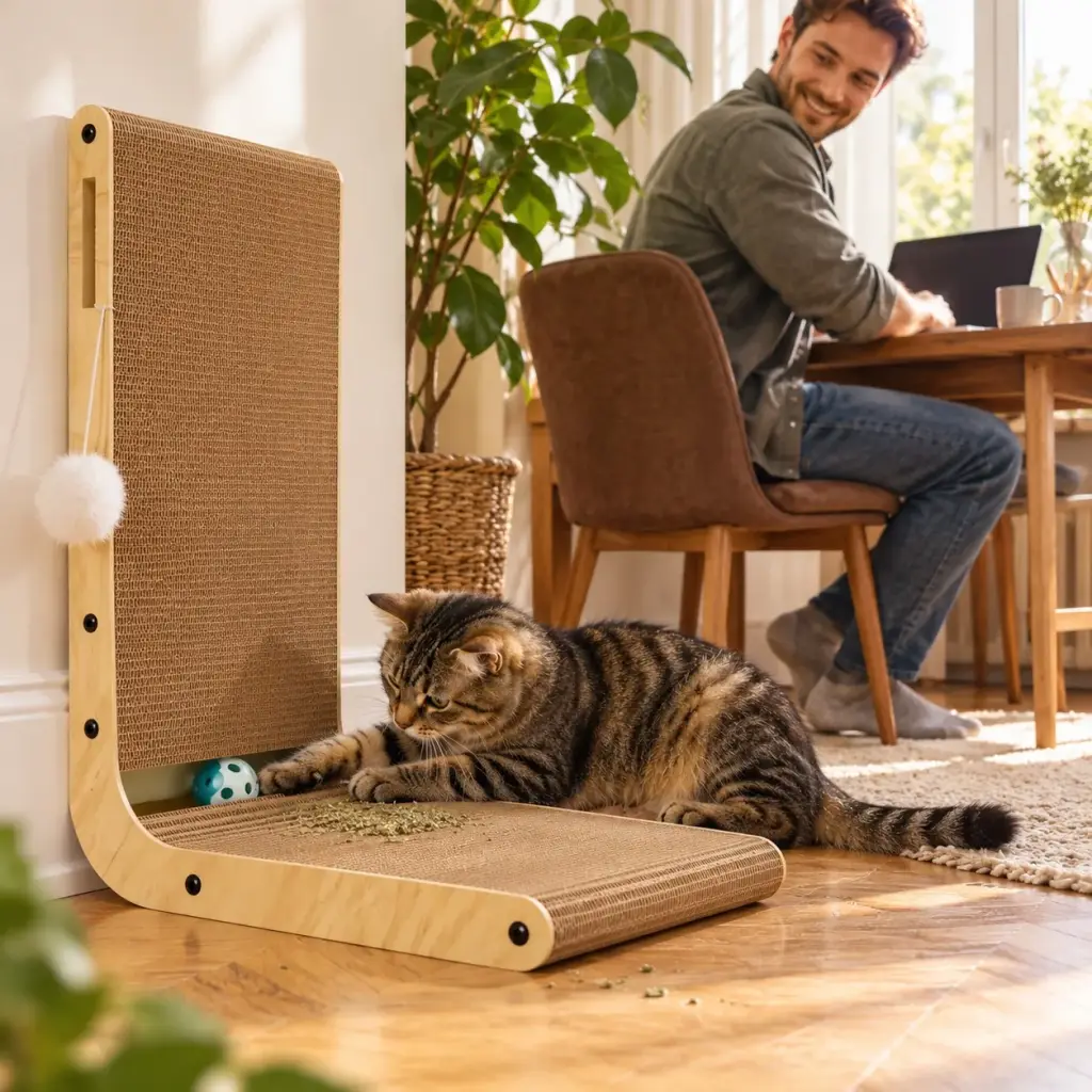 Katze stupst die Glöckchenbälle in der Ballbahn an, Besitzer arbeitet im Hintergrund