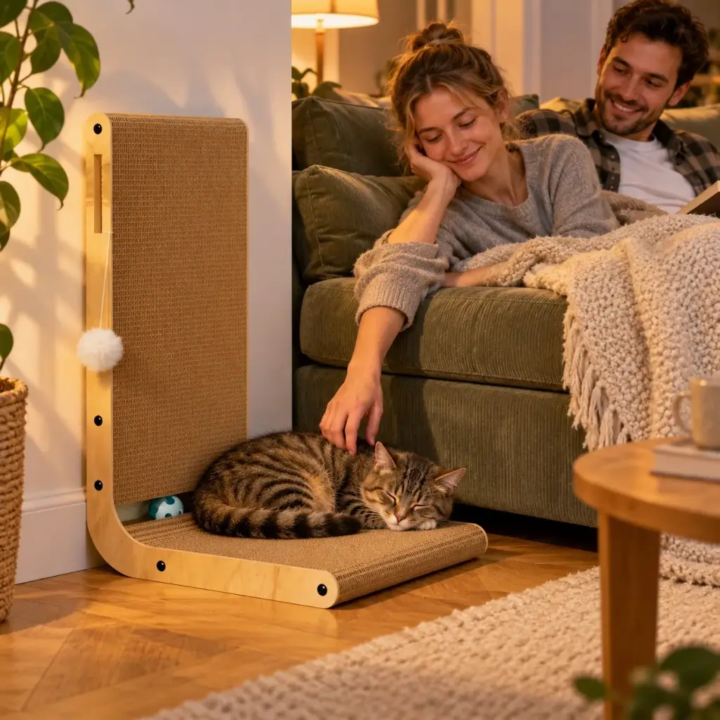Katze liegt abends zusammengerollt auf dem Kratzbrett neben dem Sofa