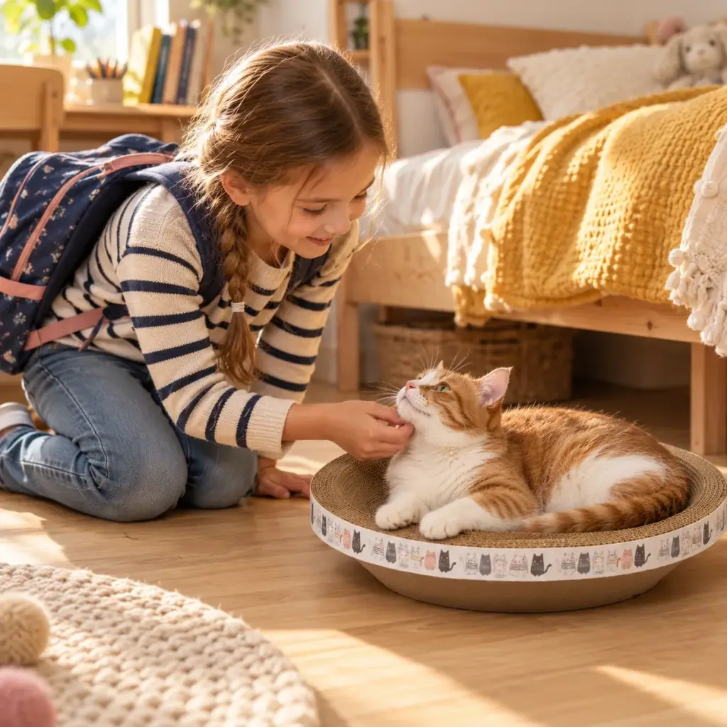 Rot-weiße Katze liegt im runden Kratznest, ein Mädchen streichelt sie im Kinderzimmer