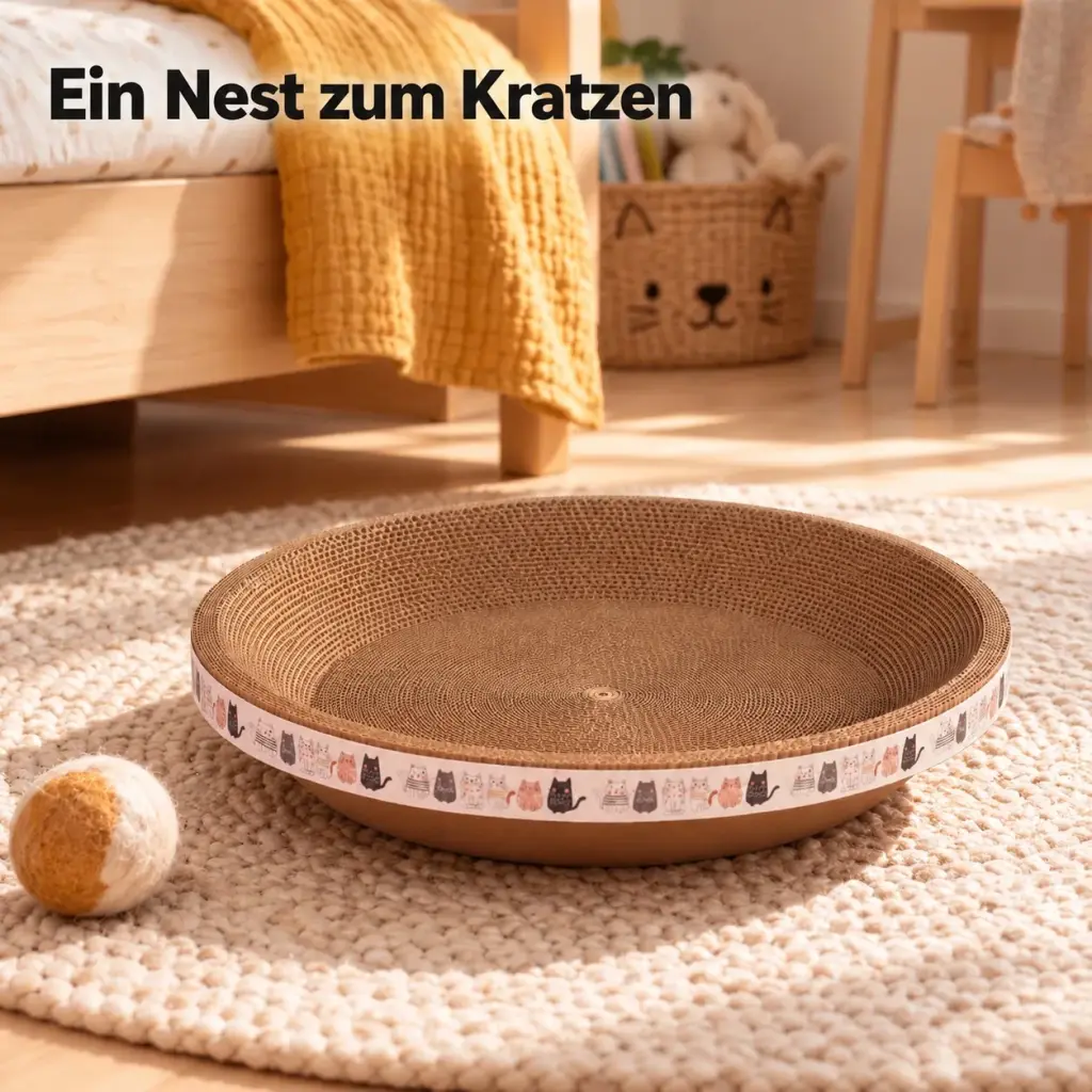 Rundes Kratzbrett aus Pappe steht neben dem Bett im hellen Kinderzimmer