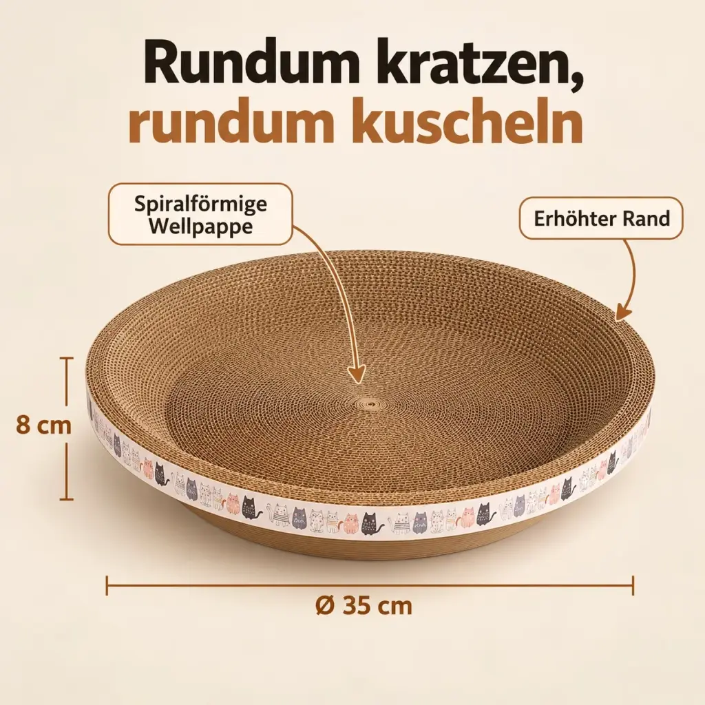 Details des Kratznests: spiralförmige Wellpappe, erhöhter Rand, Maße Ø 35 cm und 8 cm Höhe