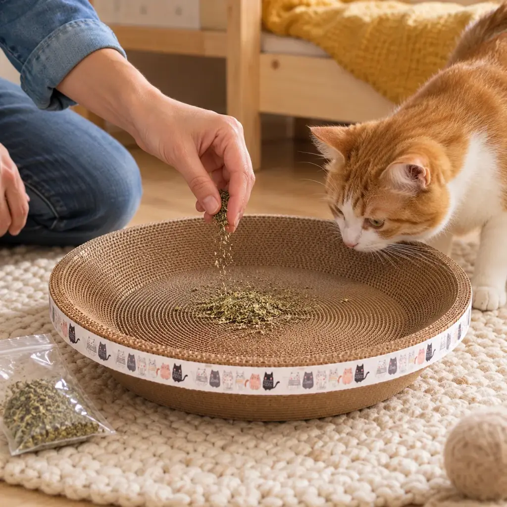Hand streut Katzenminze in das runde Kratznest