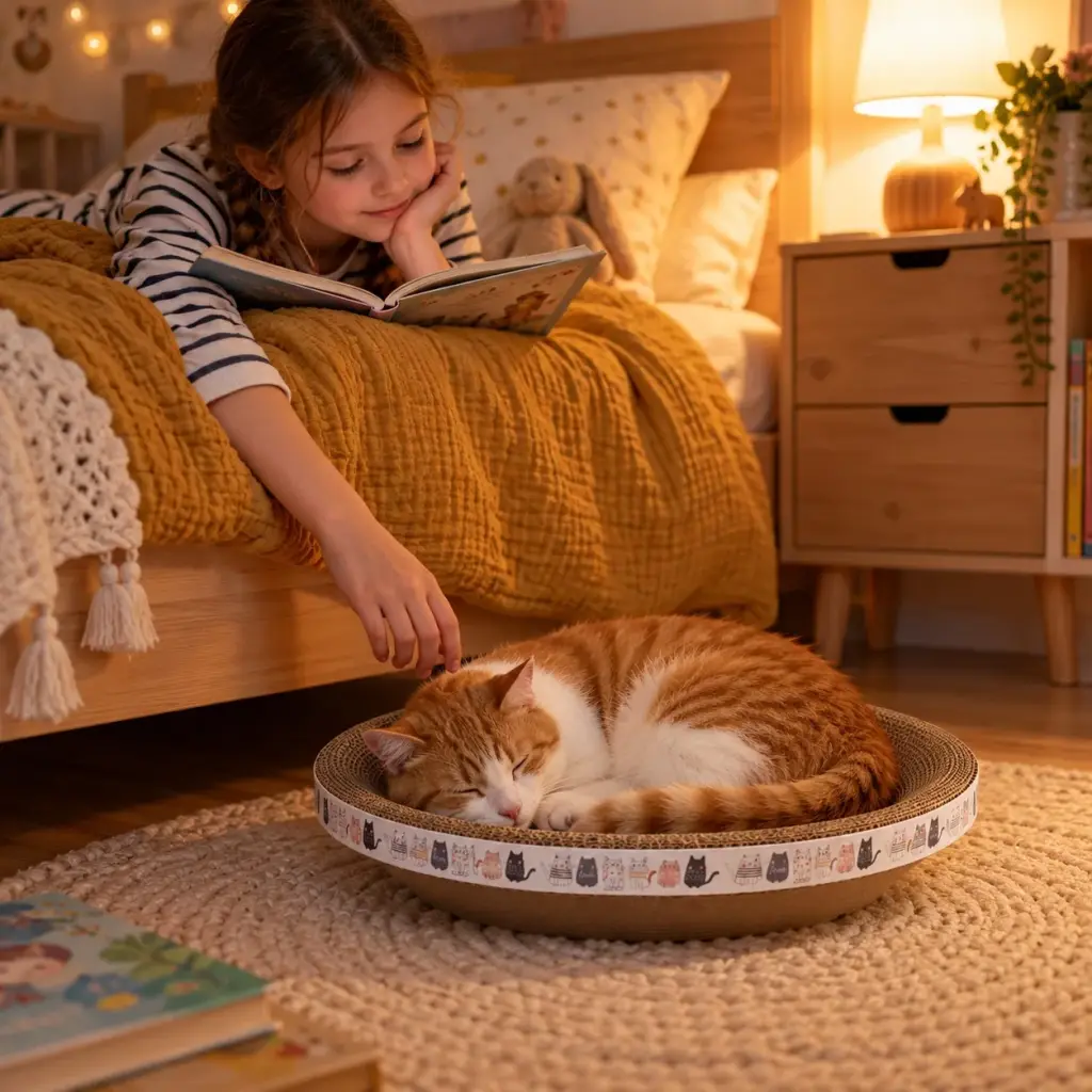 Katze schläft abends zusammengerollt im runden Kratznest neben dem Kinderbett