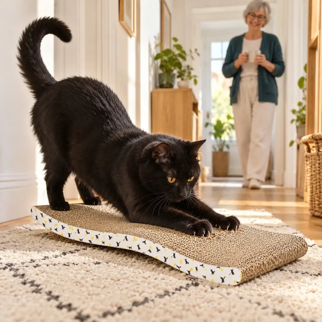Schwarzer Kater kratzt an der Kratzpappe im Flur, seine Besitzerin schaut zu