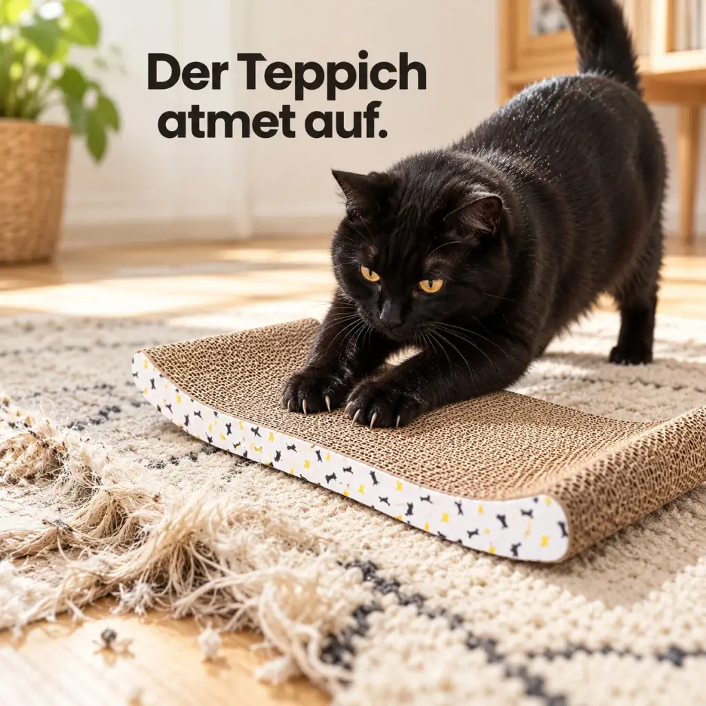 Kratzpappe liegt vor dem Sofa auf dem Teppich