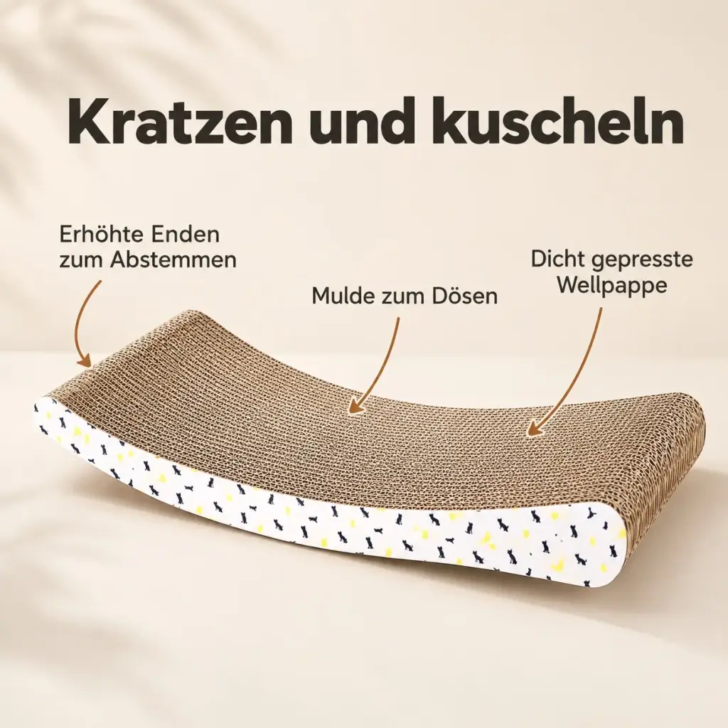 Details der Kratzpappe: erhöhte Enden, Mulde und dicht gepresste Wellpappe