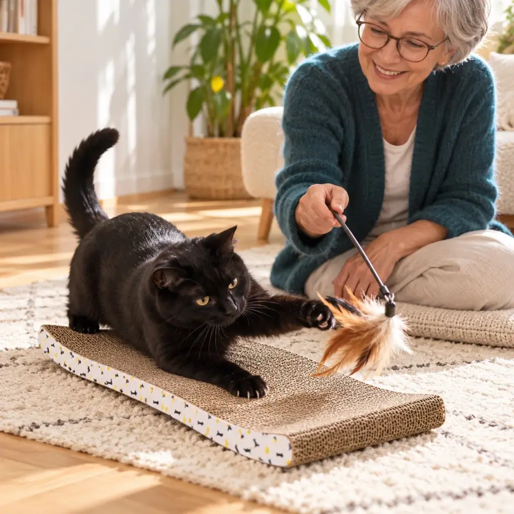 Besitzerin spielt mit einer Feder über der Kratzpappe, Kater schlägt mit der Pfote zu