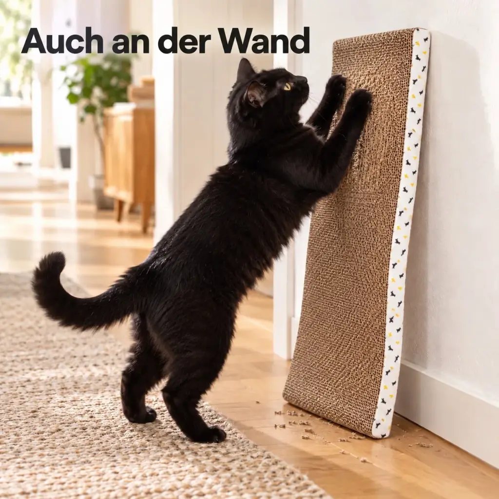 Kratzpappe hochkant an der Wand, Katze streckt sich daran