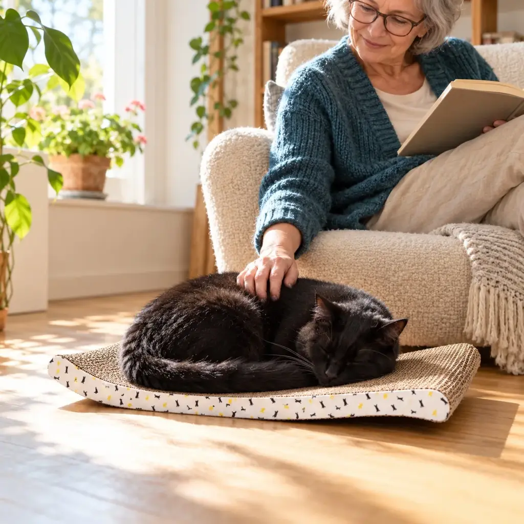 Kater schläft zusammengerollt in der Mulde der Kratzpappe in der Sonne