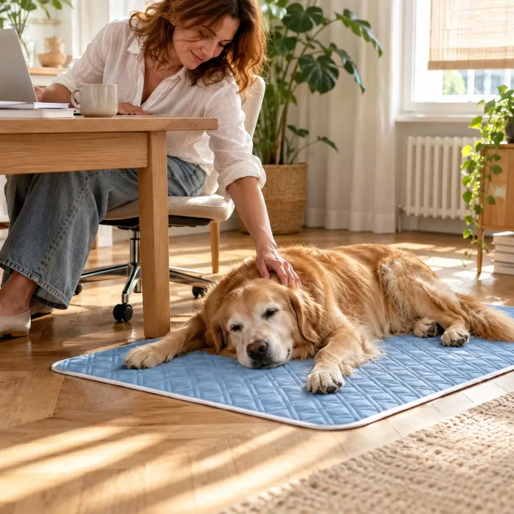 Golden-Retriever-Hündin liegt ausgestreckt auf der Kühlmatte neben dem Schreibtisch ihrer Besitzerin
