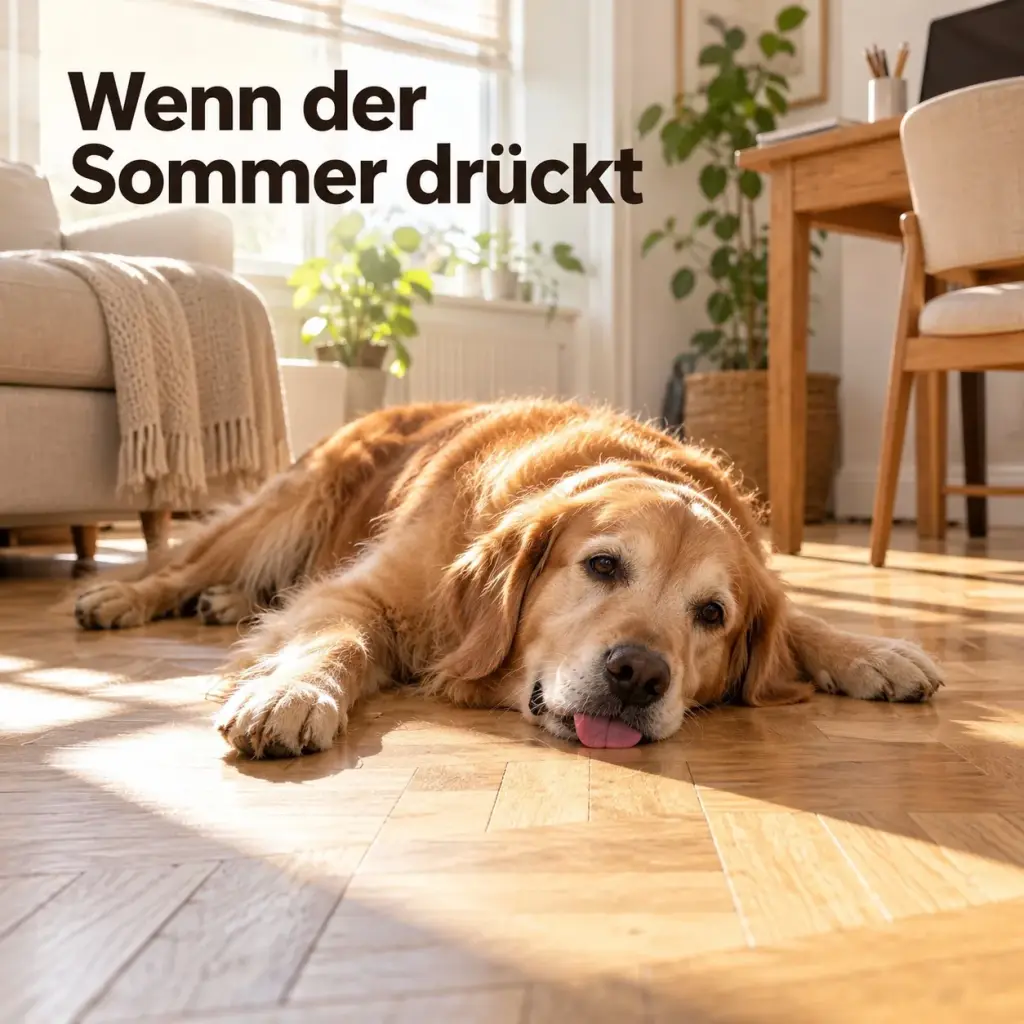 Hund liegt hechelnd auf dem Holzboden eines sonnigen Zimmers im Sommer
