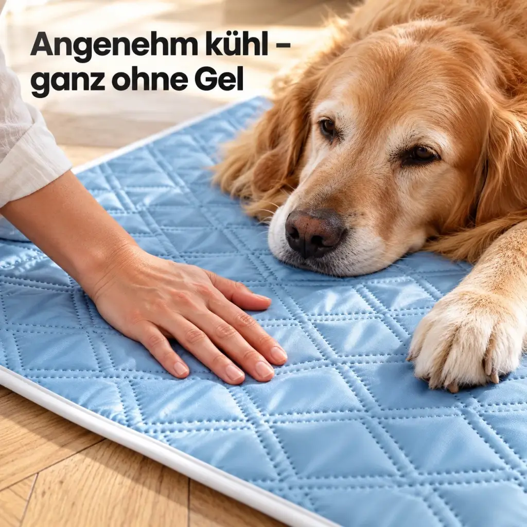 Hand streicht über das glatte Eisseide-Gewebe der Kühlmatte