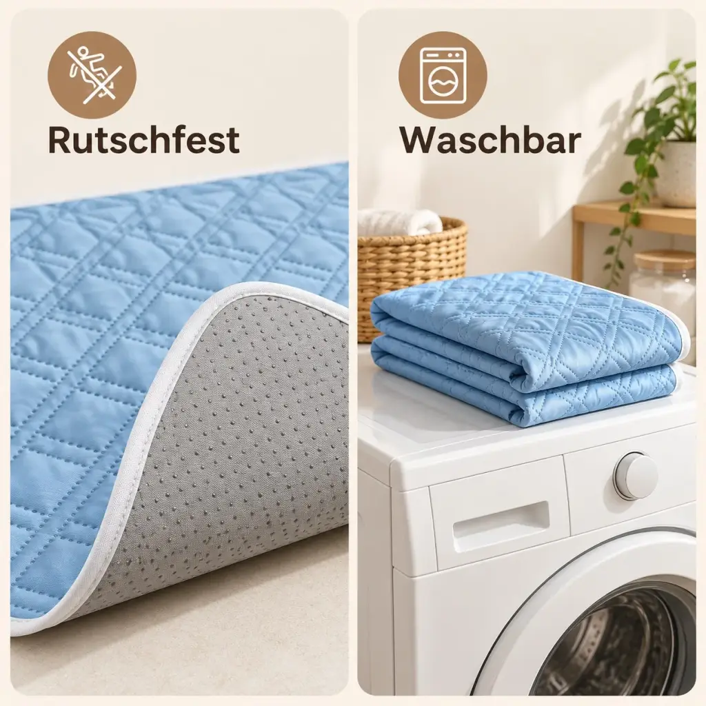 Rutschfeste Unterseite der Kühlmatte, eine Ecke umgeschlagen