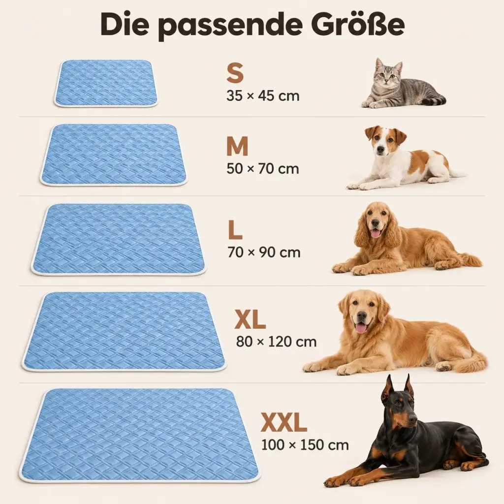 Größenübersicht der Kühlmatte von S bis XXL mit Tiersilhouetten