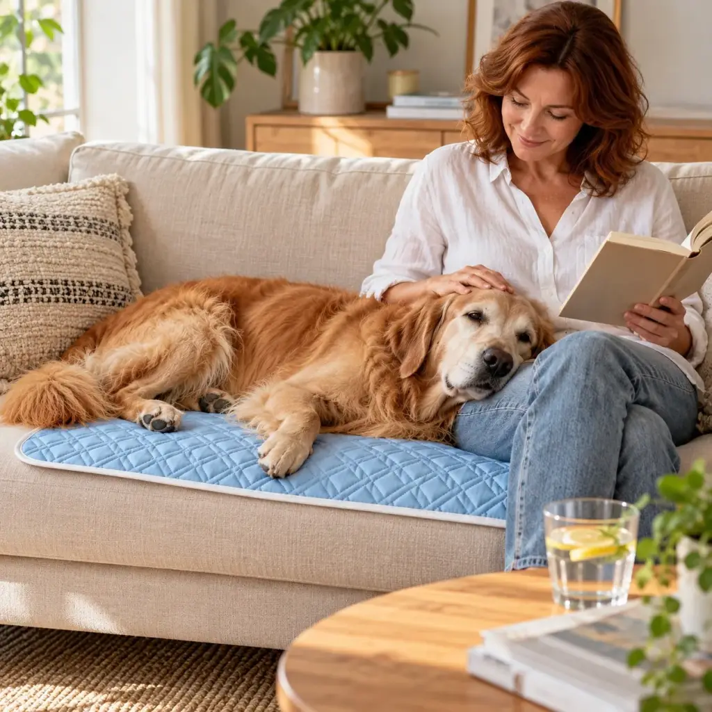 Kühlmatte als Auflage auf einem Leinensofa mit Hund und Besitzerin