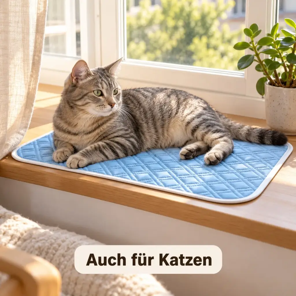 Graue Katze liegt auf der kleinen Kühlmatte auf einer Fensterbank