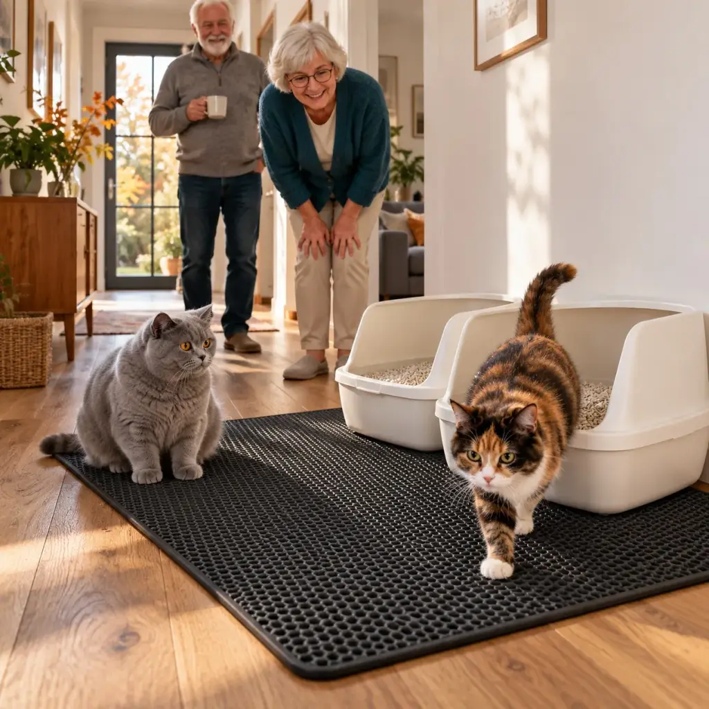 Zwei Katzen und zwei Katzenklos auf einer großen Matte im hellen Flur, älteres Paar im Hintergrund