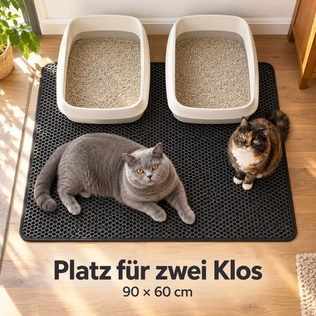 Draufsicht: zwei Katzenklos auf der 90 × 60 cm großen Matte