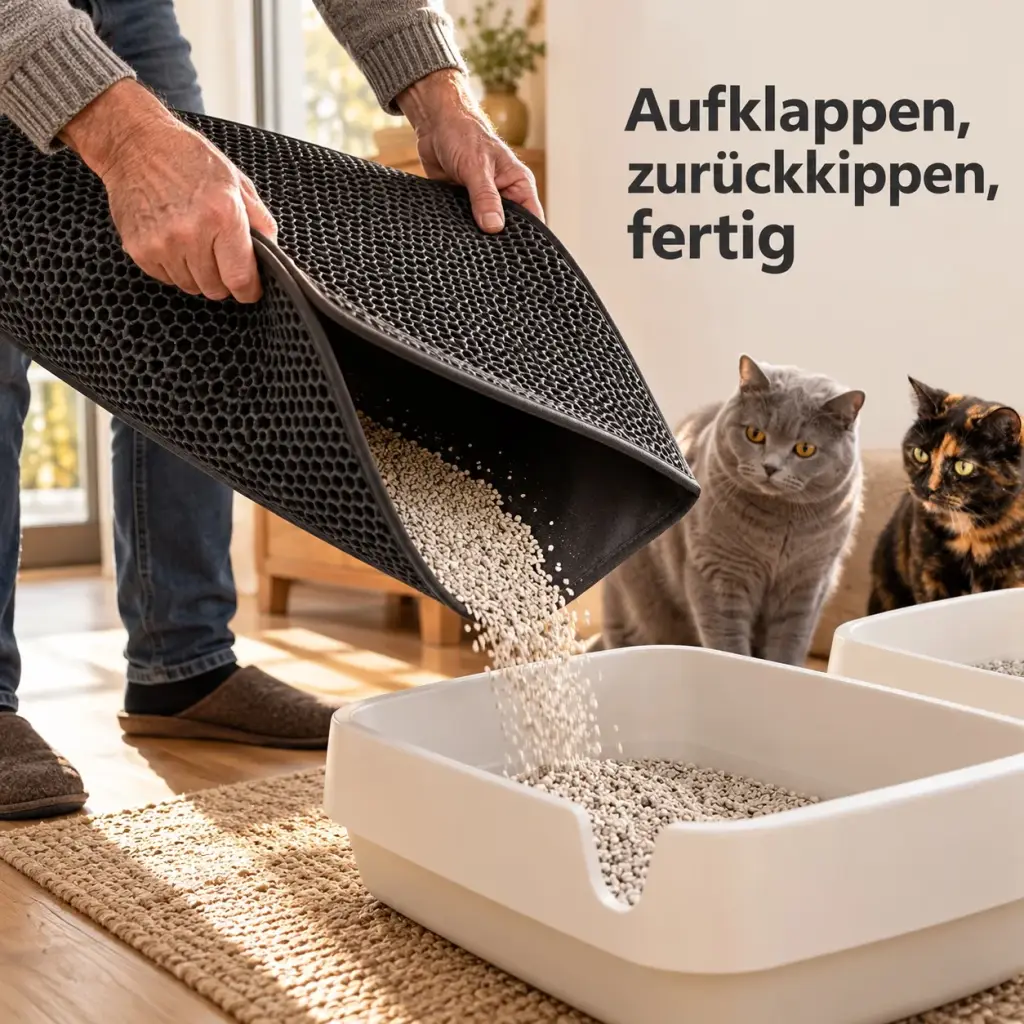 Gesammelte Streu wird aus der Matte zurück ins Katzenklo gekippt