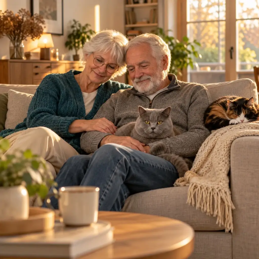 Älteres Paar auf dem Sofa mit zwei Katzen am Nachmittag