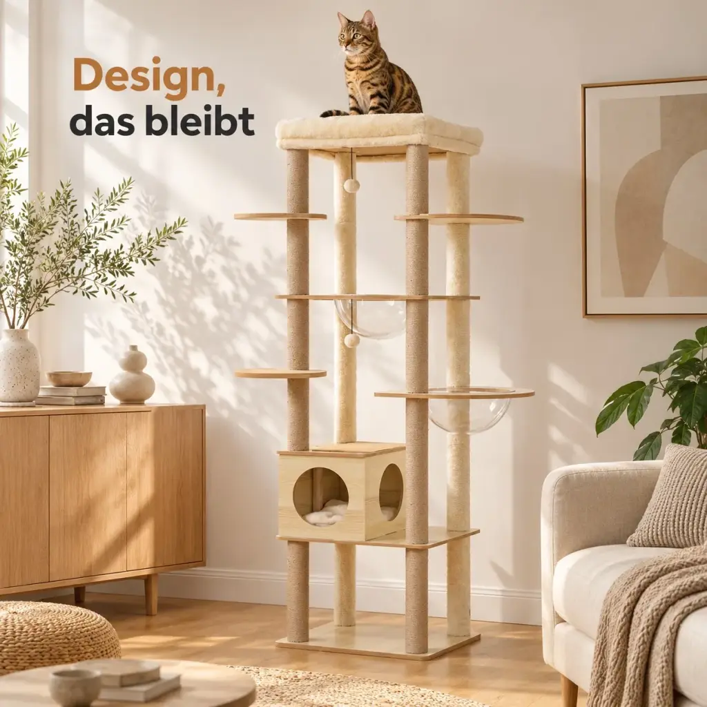 Moderner Kratzbaum im hellen Wohnzimmer neben Sideboard und Leinensofa