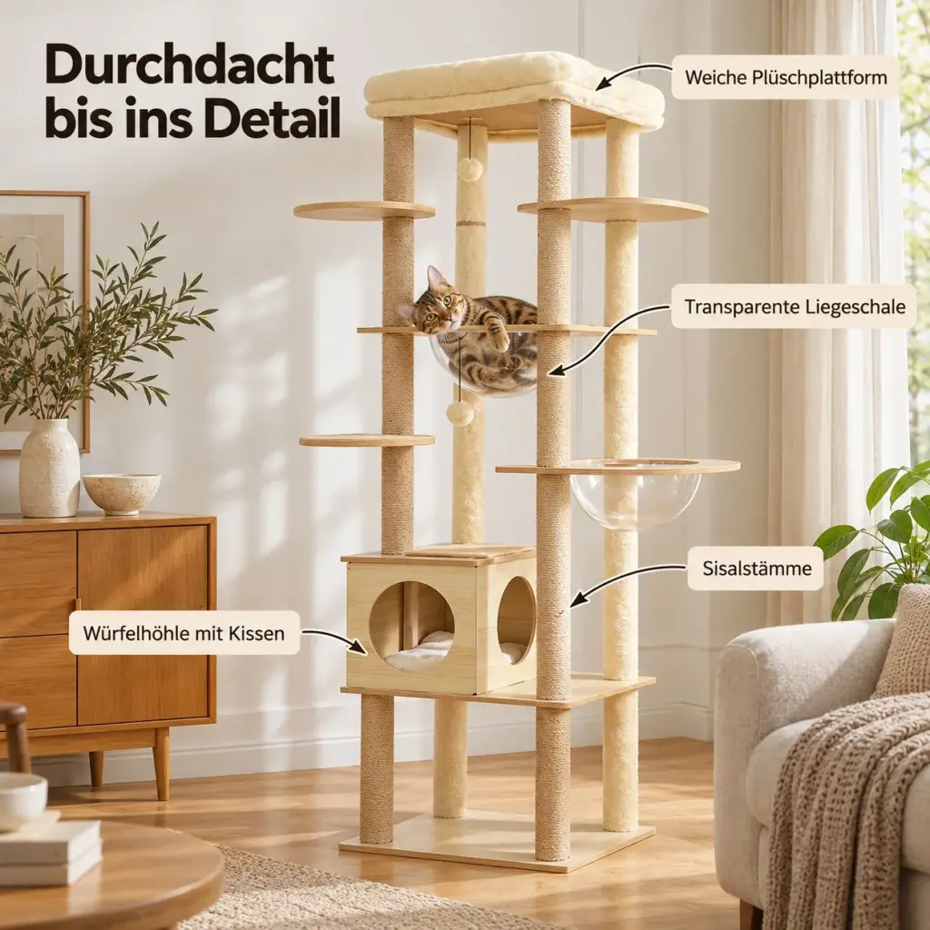 Details des modernen Kratzbaums: transparente Liegeschale, Würfelhöhle, Sisalstamm und Plüschplattform