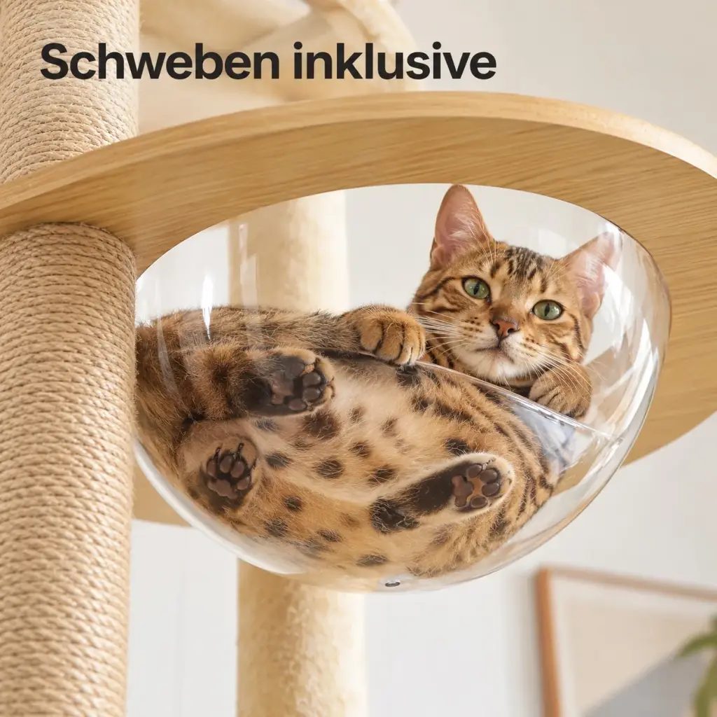 Katze von unten gesehen in der transparenten Liegeschale des Kratzbaums