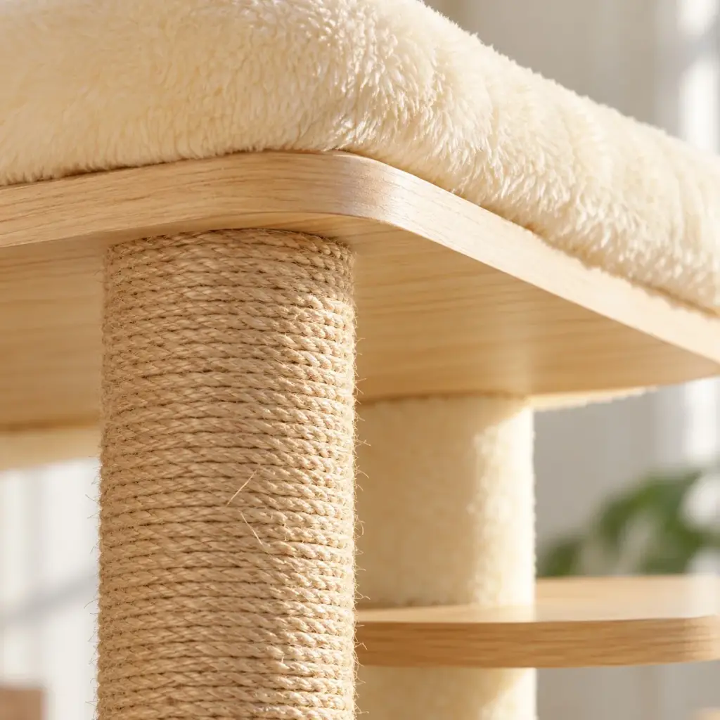 Nahaufnahme von Sisal, cremefarbenem Plüsch und heller Holzoptik