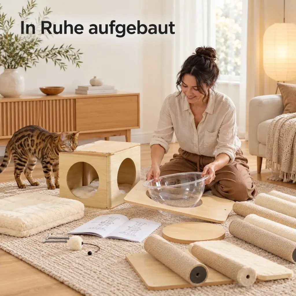 Frau setzt beim Aufbau die transparente Liegeschale in die Plattform des Kratzbaums ein