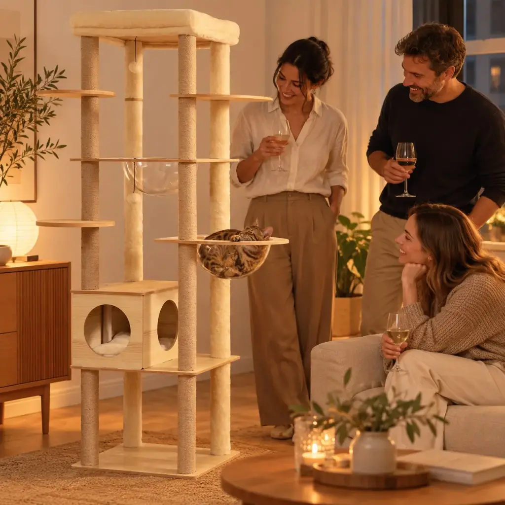 Freunde bewundern abends den Kater in der Liegeschale des modernen Kratzbaums