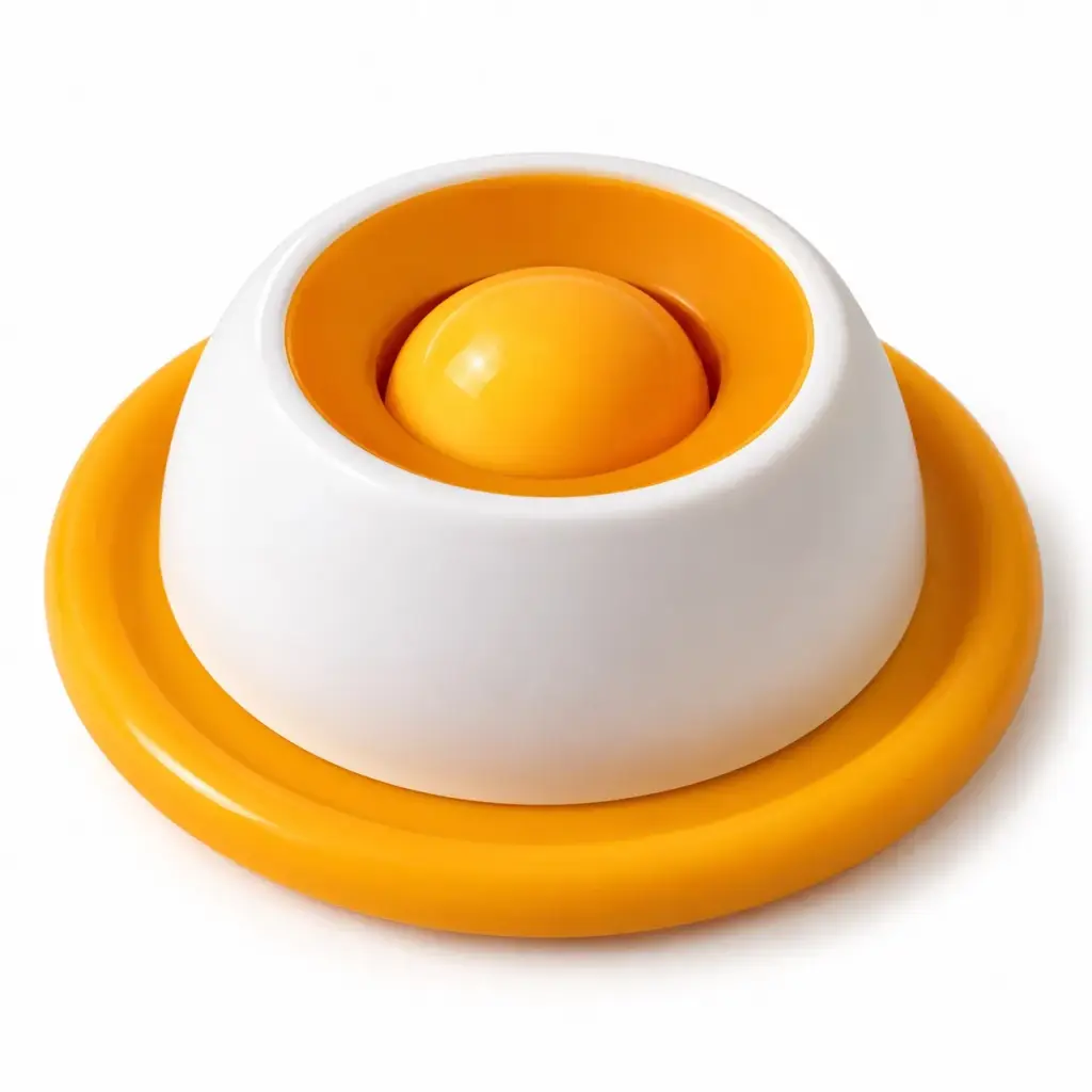 Schleckmatte für Katze: weißer Schlecknapf mit oranger Rollkugel auf orangefarbenem Standring