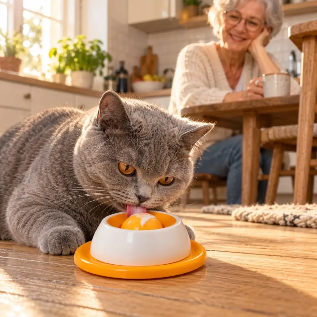 Britisch-Kurzhaar-Katze schleckt Joghurt aus dem Schlecknapf in einer hellen Altbauküche
