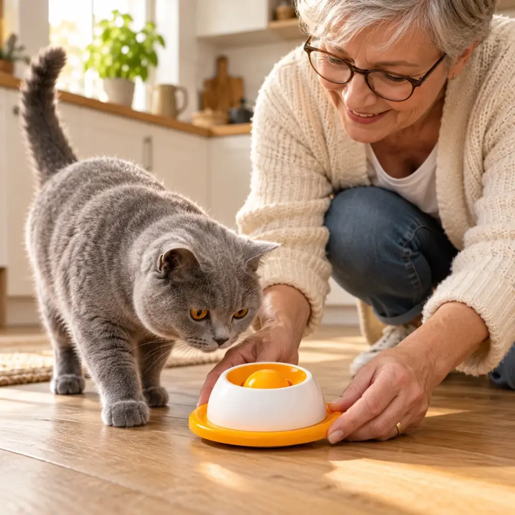Frau stellt ihrer grauen Katze den gefüllten Schlecknapf auf die Holzdielen