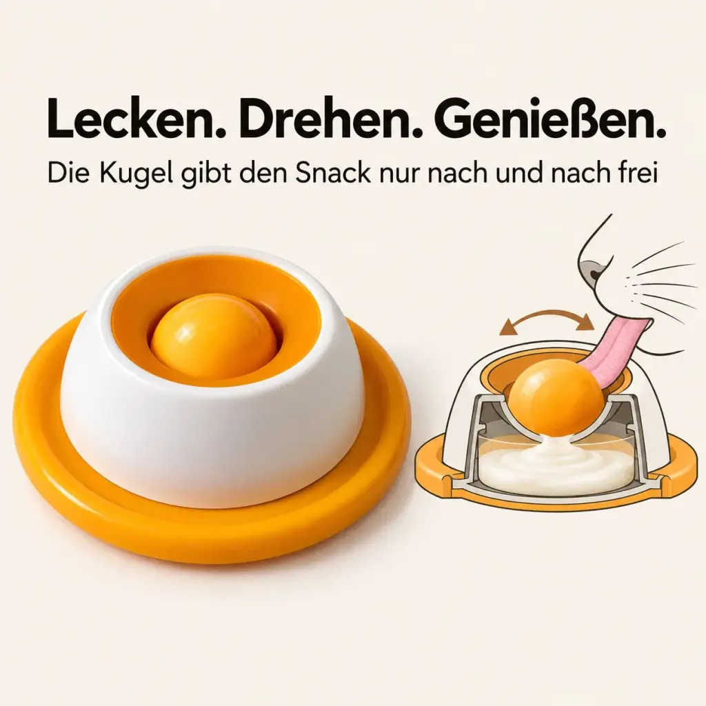 Querschnitt des Schlecknapfs: Kugel dreht sich und gibt den Snack frei